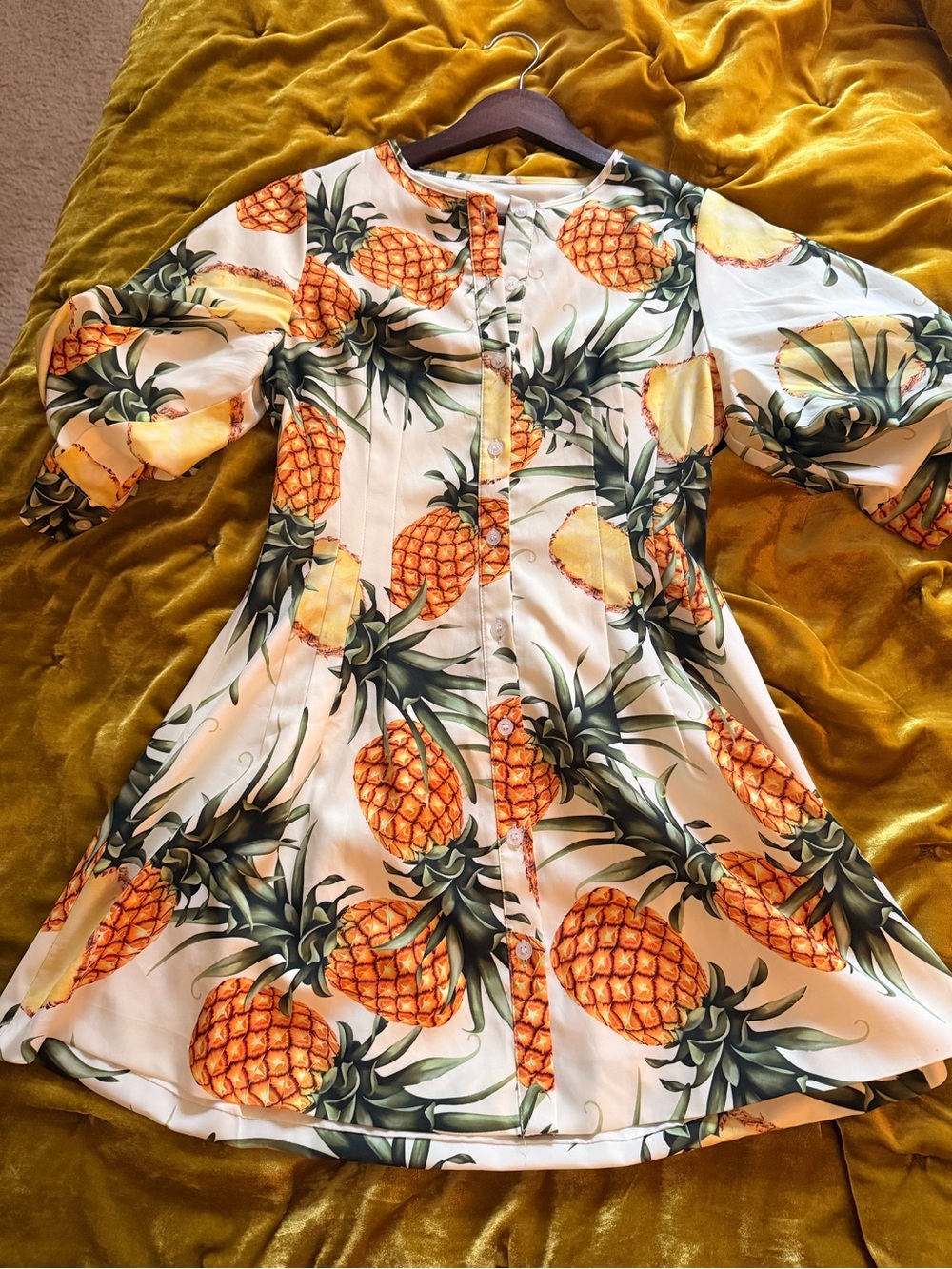 Women's Pineapple Print Button-Front Dress - White/Green